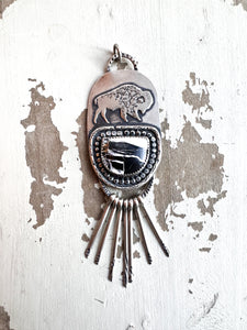 Sterling Silver + White Buffalo Fringe Bison Pendant