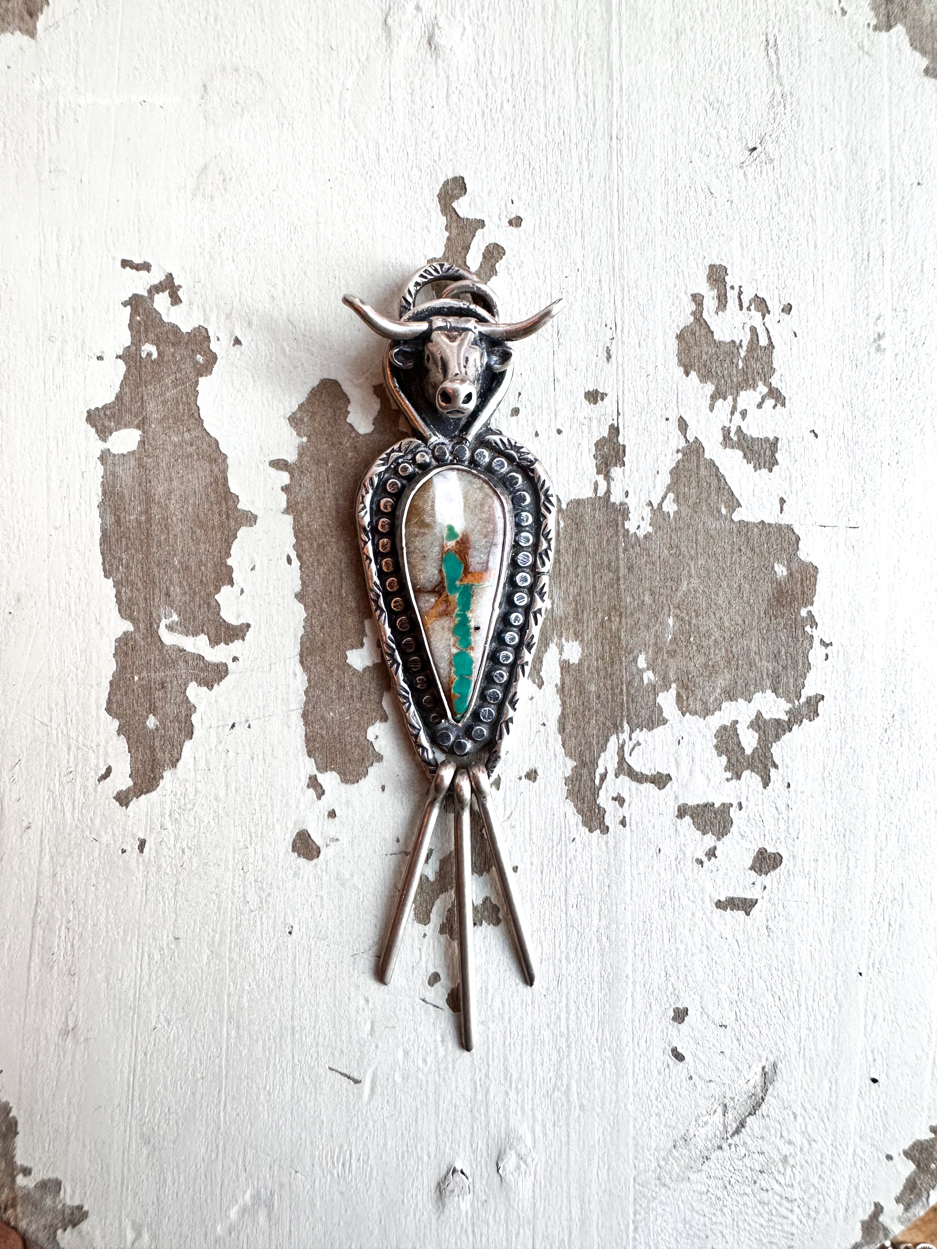 Sterling Silver + Turquoise fringe longhorn pendant