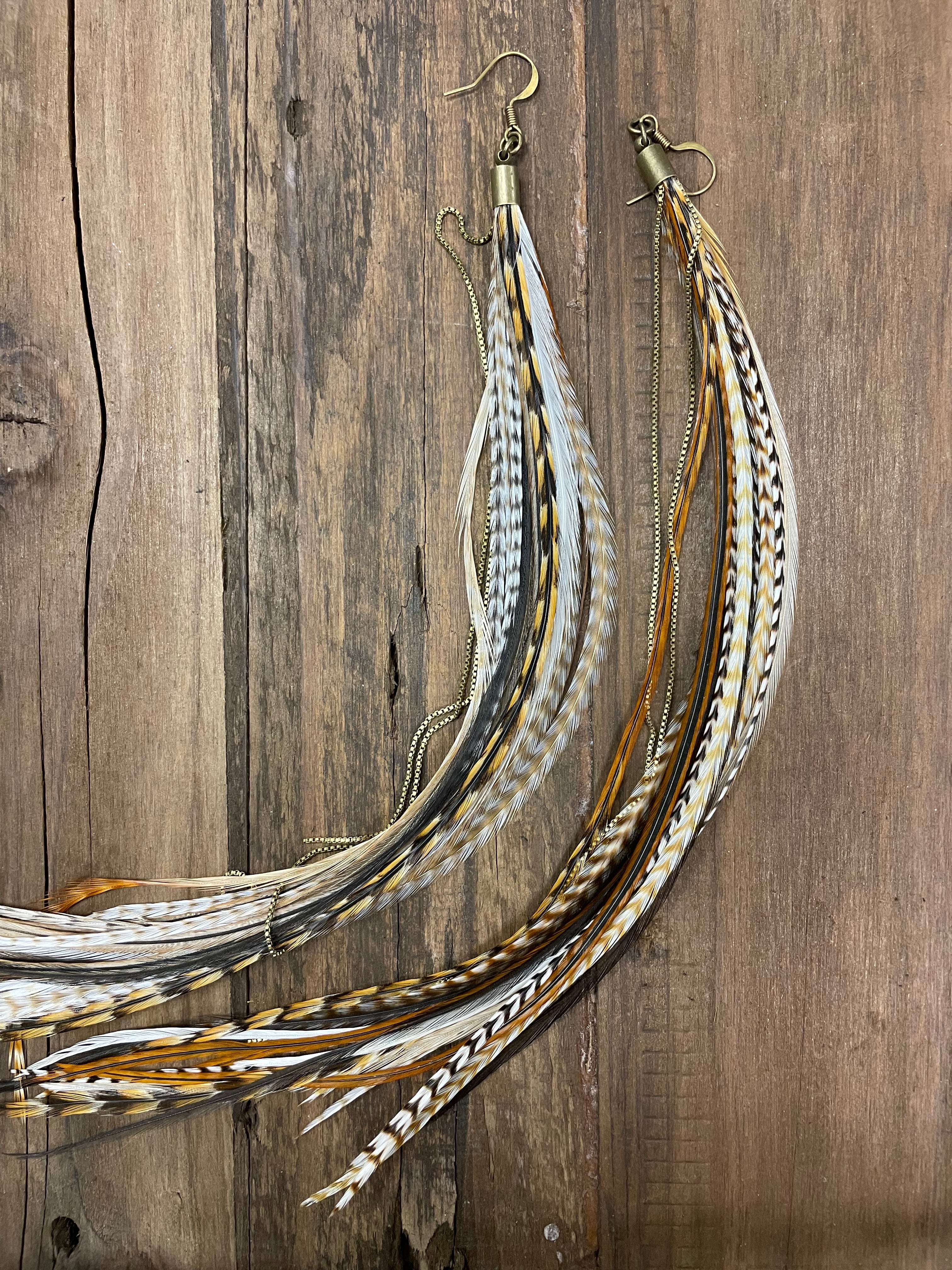 Extra Long 'Grizzly' Feather Earrings