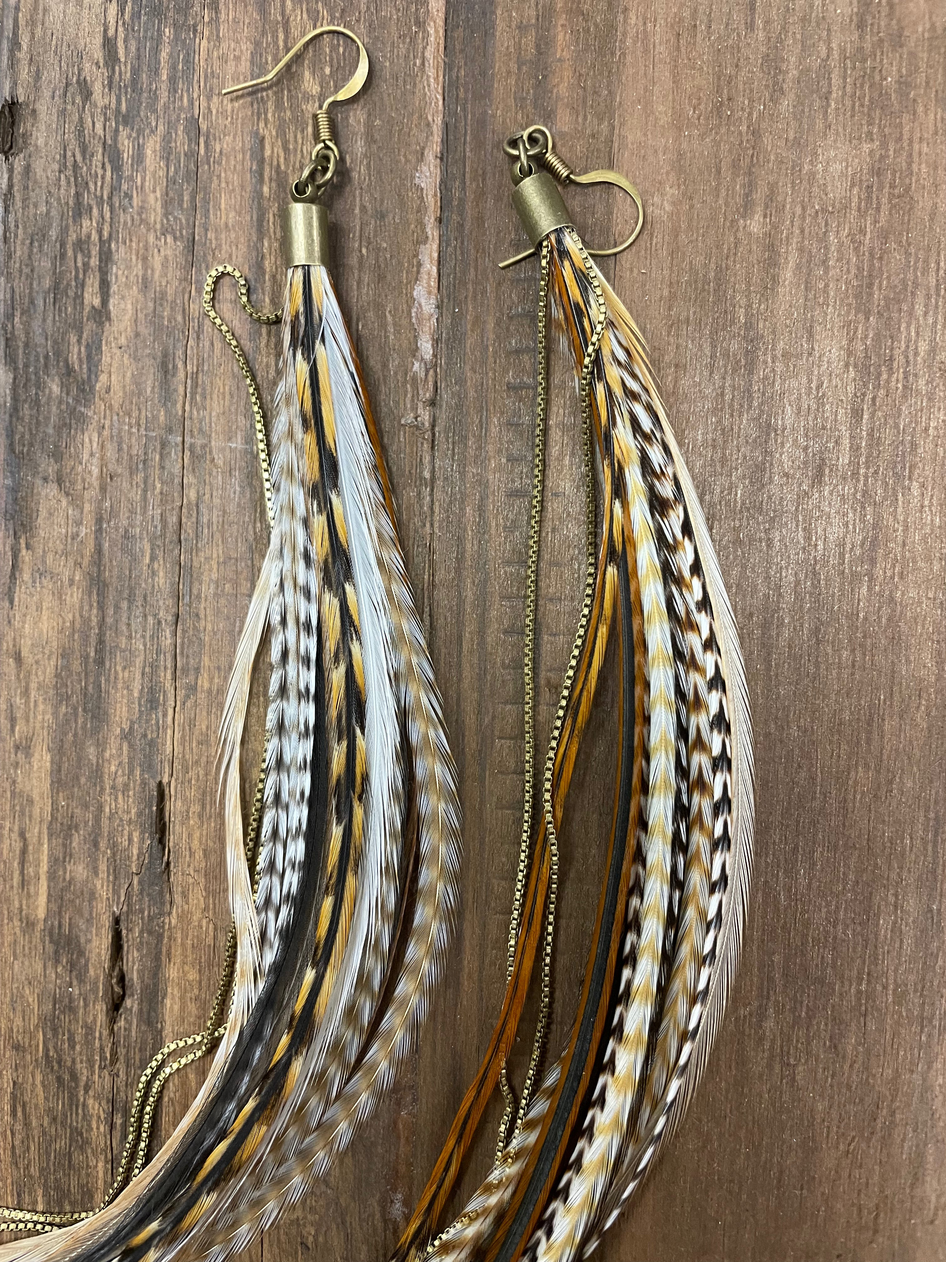 Extra Long 'Grizzly' Feather Earrings